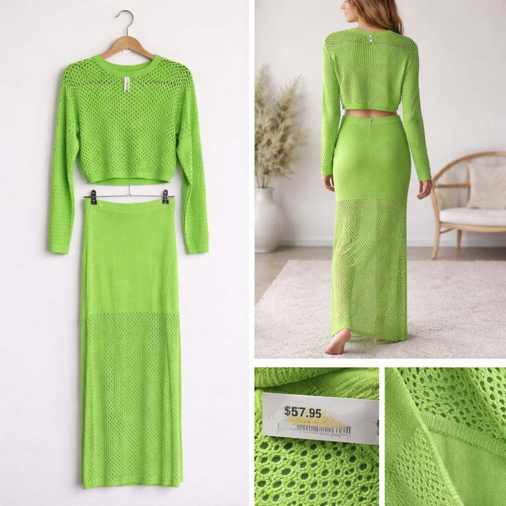 Sarah's Lime Green Crochet Knit 2-Piece Crop Top and Maxi Skirt Set